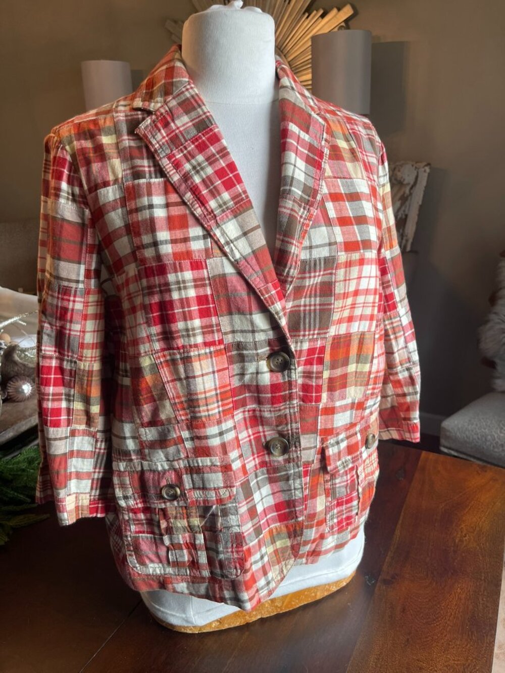 Vintage Liz Claiborne Patchwork Plaid Cotton Blazer- Red/Beige/Brown SZ M